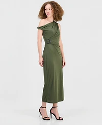Robbie Bee Women's Asymmetrical Side-Ruched Midi Dress