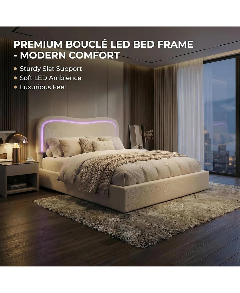 gaomon Twin Boucle Bed Frame with 2 Storage Drawers and Led Headboard, Upholstered Platform for Kids