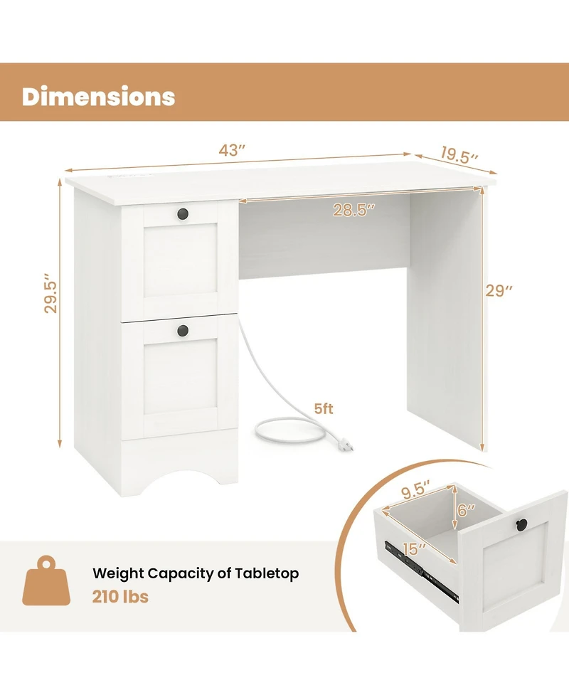 Gouun Computer Desk with 2 Drawers and Power Outlets