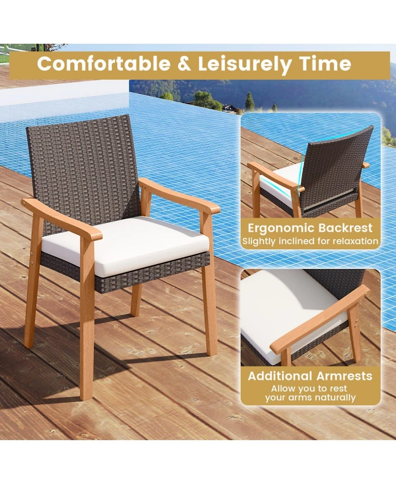 Gouun 7-Piece Outdoor Dining Set with 63 in Acacia Wood Table, 6 Pe Rattan Armchairs and Cushions
