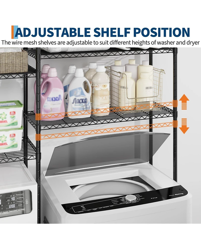 Homfan 4-Tier Over Washer and Dryer Storage Rack - Adjustable Metal Shelves with Clothes Drying Rods and Hooks