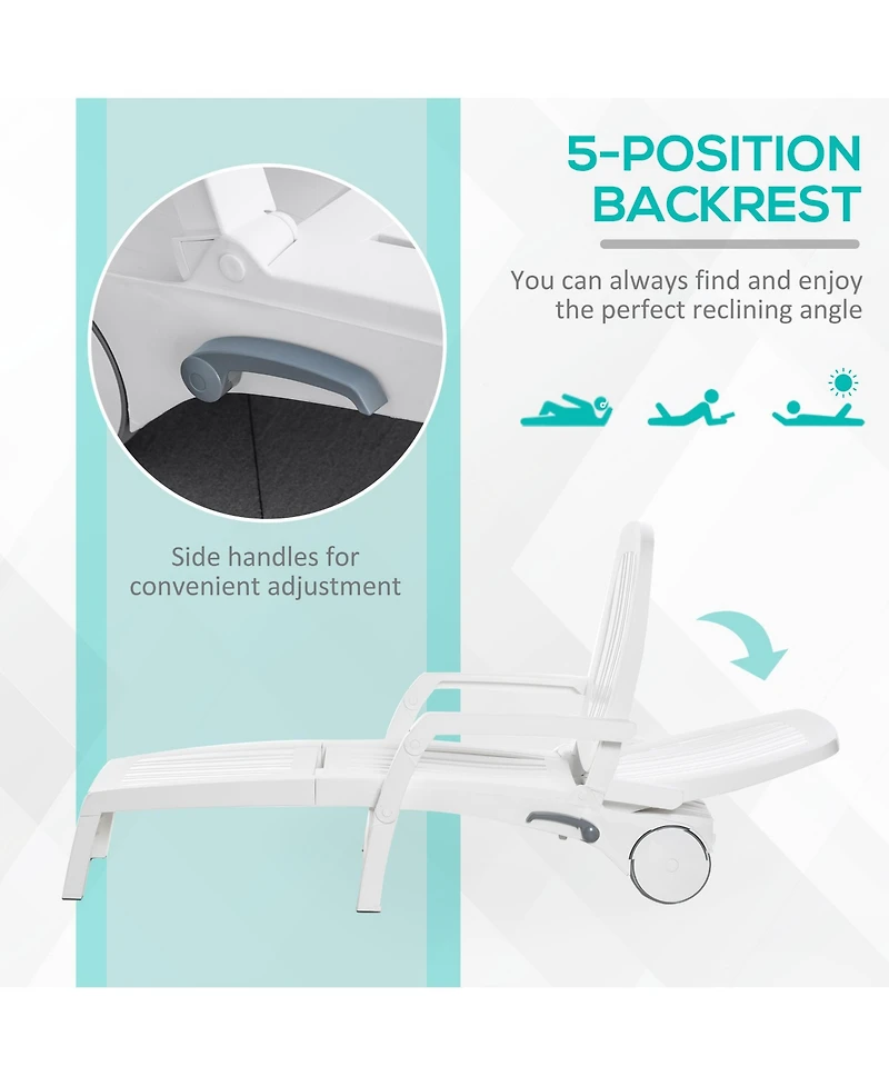 Outsunny Folding Chaise Lounge Chair on Wheels with Storage Box, Lightweight Plastic Sun Recliner with 5 Position Backrest for Beach & Pool, White