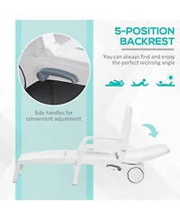 Outsunny Folding Chaise Lounge Chair on Wheels with Storage Box, Lightweight Plastic Sun Recliner with 5 Position Backrest for Beach & Pool, White