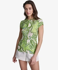 Bcbg Women's Paisley Print Crewneck Cap-Sleeve Top