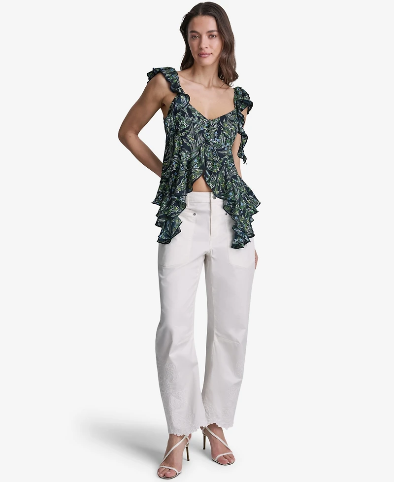 Bcbg Women's Floral Print Ruffled V-Neck Top
