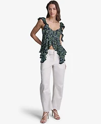 Bcbg Women's Floral Print Ruffled V-Neck Top
