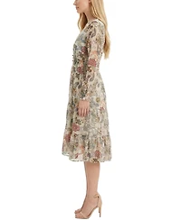 Ny Collection Women's Long-Sleeve Clip Dot Chiffon Dress with Smocked Waist and Cuffs