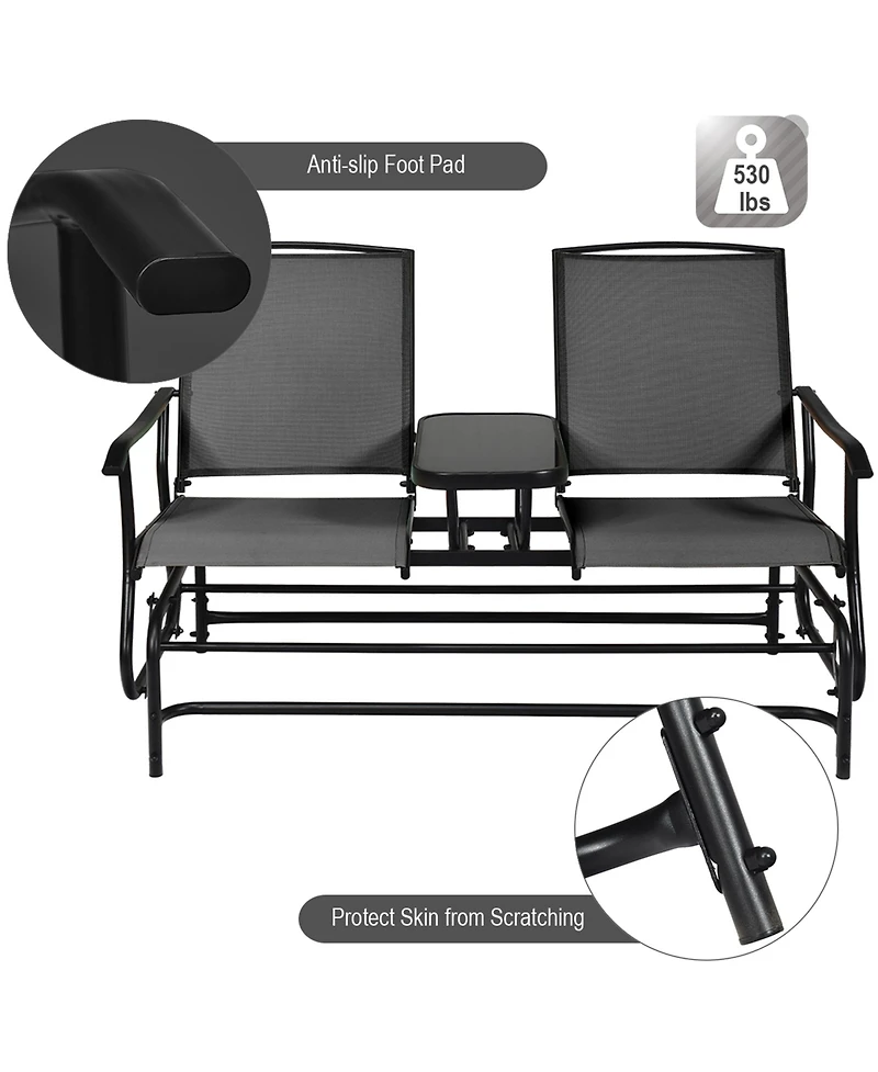 Gymax Patio 2-Person Glider Rocking Chair Loveseat Garden w/ Tempered Glass Table