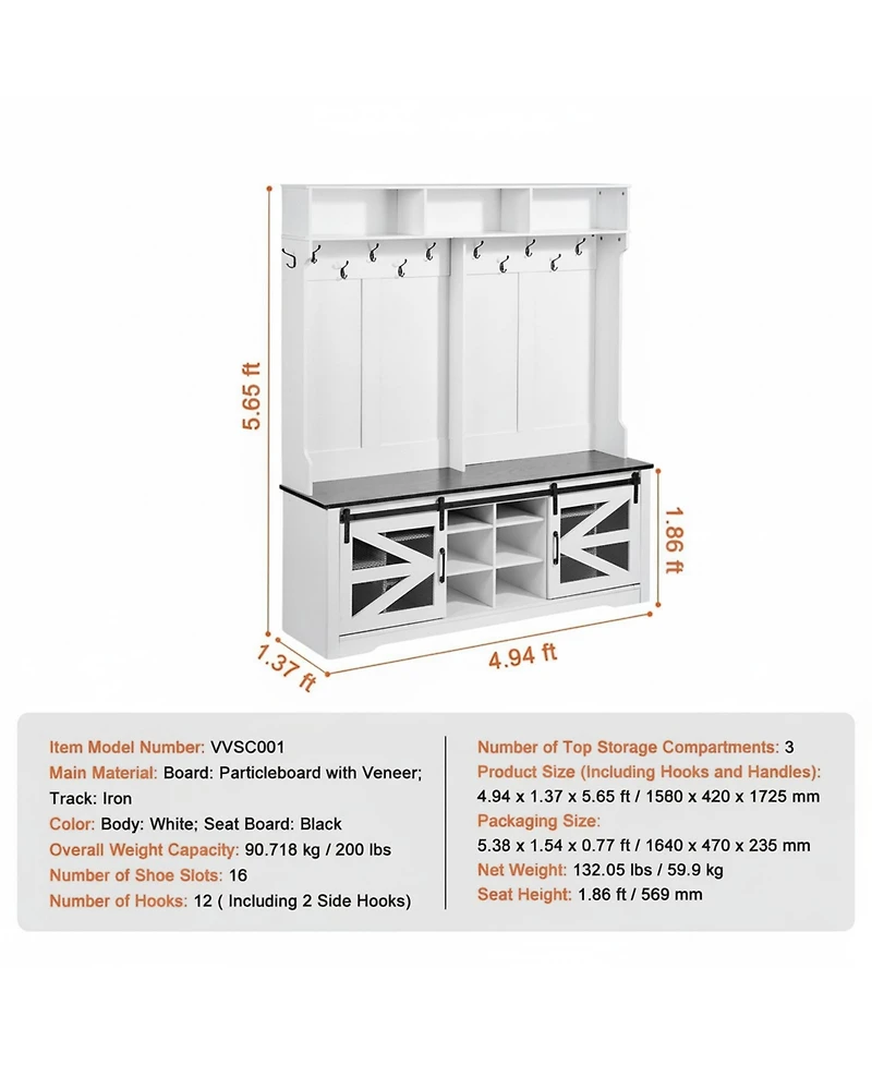 Gouun Led Hall Tree Entryway Bench with Shoe Storage, 12 Hooks, 59 in Wide, Adjustable Shelves