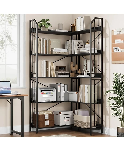 gaomon Industrial L-Shaped Corner Bookshelf, 5-Tier Bookcase Storage Display Shelf