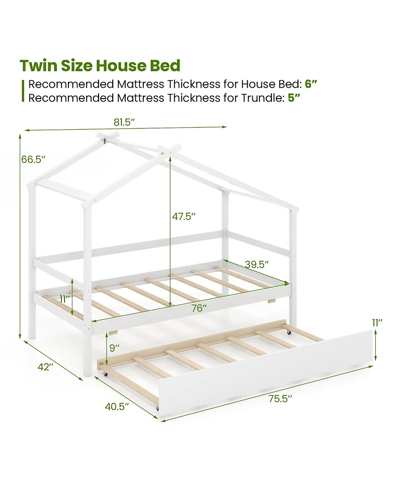 Gymax Twin House Bed w/ Trundle w/ Roof and Fence Rails Wooden Platform Bed Frame