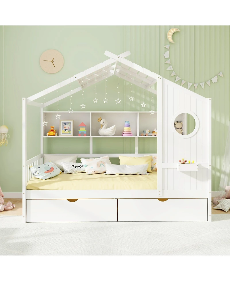 Gymax House Bed Kids Bed Frame w/ 2 Storage Drawers & Fence Guardrails
