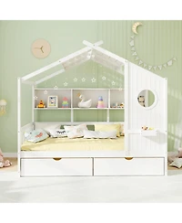 Gymax House Bed Kids Bed Frame w/ 2 Storage Drawers & Fence Guardrails