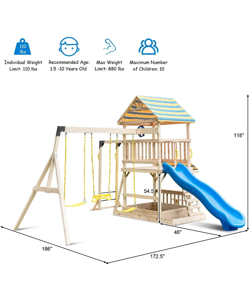 Slickblue Outdoor Wooden Swing Set with Slide, Deck and Steering Wheel
