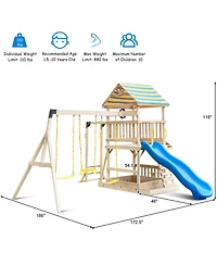 Slickblue Outdoor Wooden Swing Set with Slide, Deck and Steering Wheel