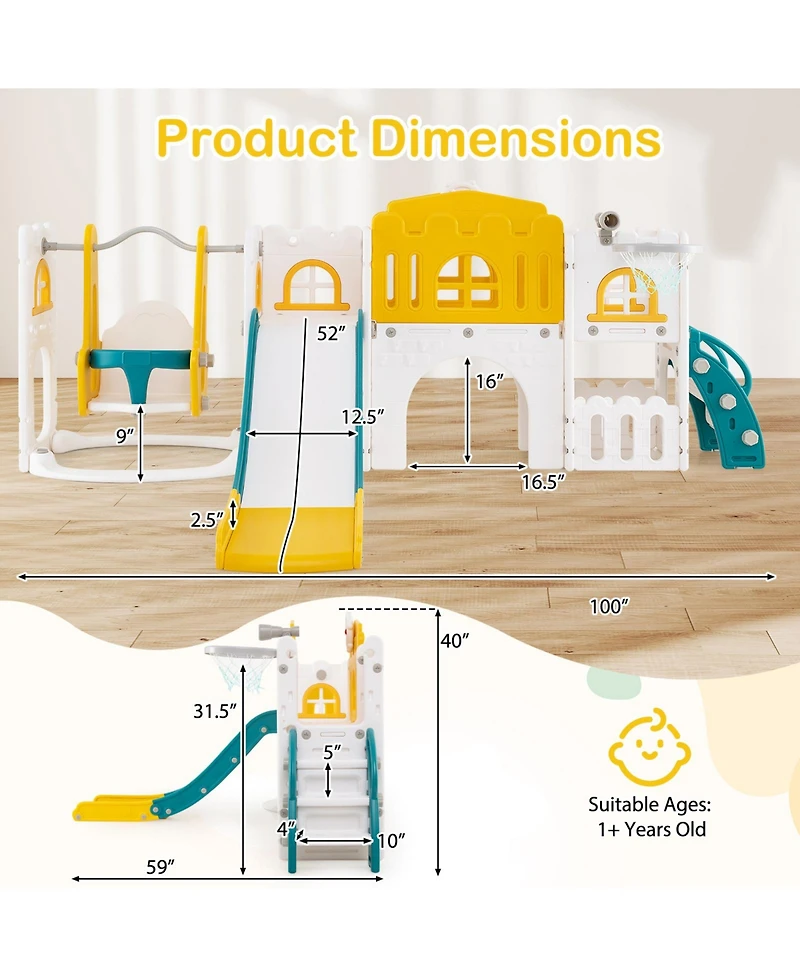 Slickblue Toddler 10 in 1 Slide Swing Climber Set with Basketball Hoop
