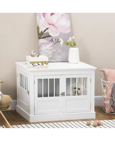 Aostirmotor Dog Crate End Table with Triple Doors, Wooden Indoor Puppy Kennel with Steel Tubes for Small Dogs