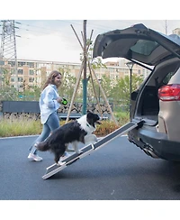 Aostirmotor Foldable Aluminum Dog Car Step Ramp with Pvc Handle, Non-Slip Foot Mats for Most Sized Dogs, Pet Ladder