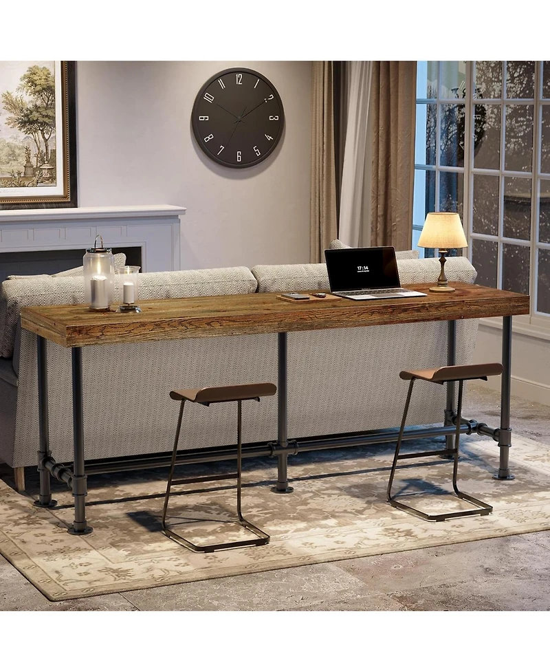 Tribesigns 70.9'' Long Solid Wood Bar Table for 6-8 People, Industrial Narrow Counter Height Pub Table with Metal Footrest