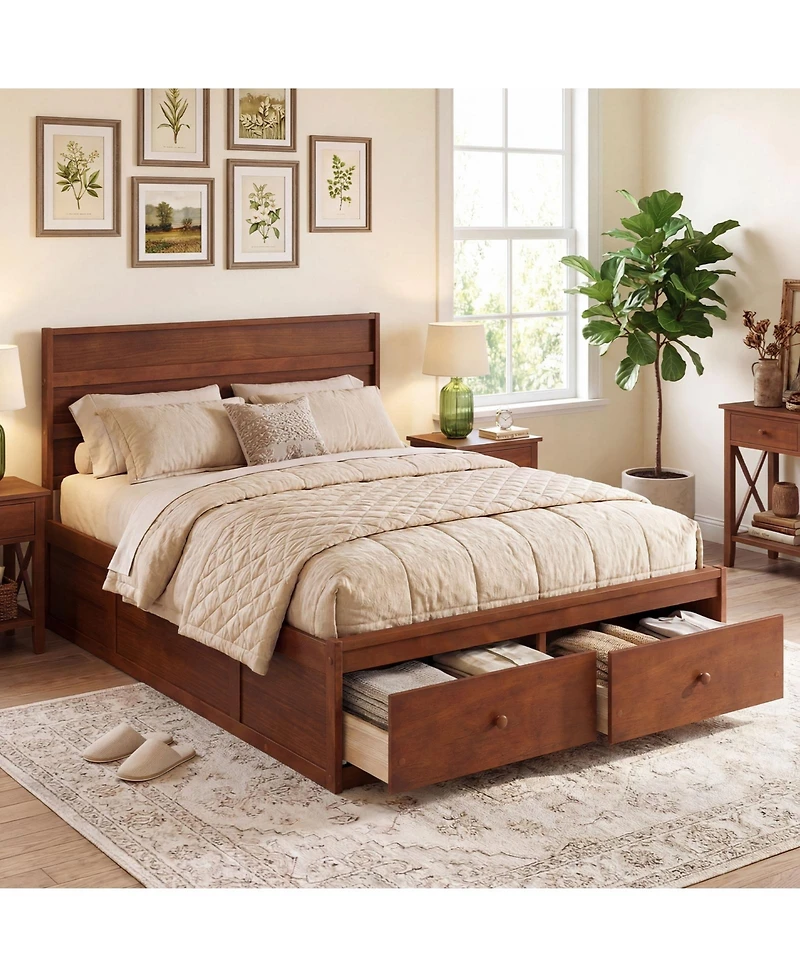 Gymax Full Bed Frame w/Storage Drawers Headboard Wooden Slat Support