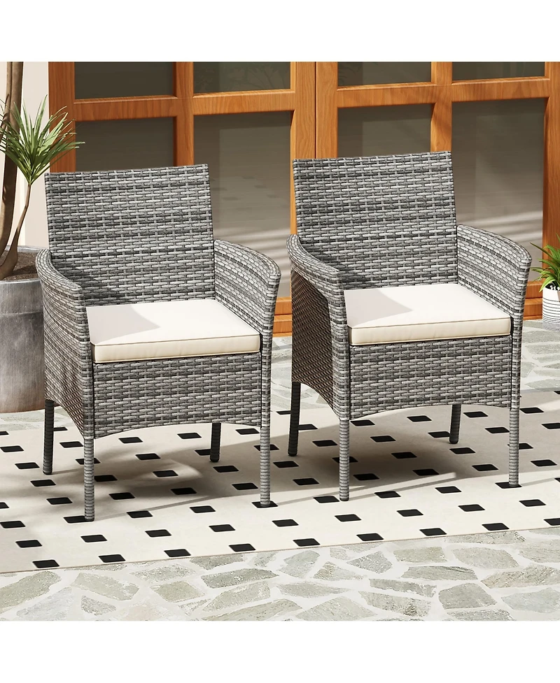 Gymax Outdoor Pe Wicker Chairs Set of 2 Patio Dining Armchairs w/ Padded Cushions