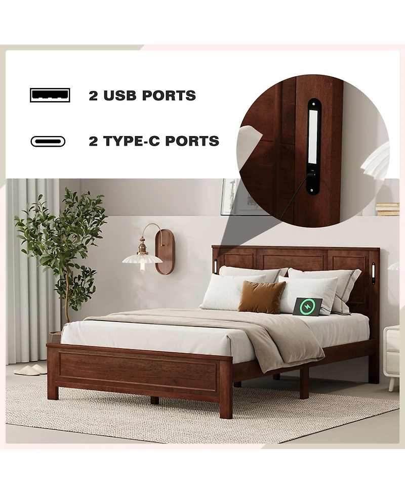 Streamdale Furniture Queen Led Usb Pinewood Bed w/ Tall Headboard