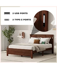 Streamdale Furniture Queen Led Usb Pinewood Bed w/ Tall Headboard