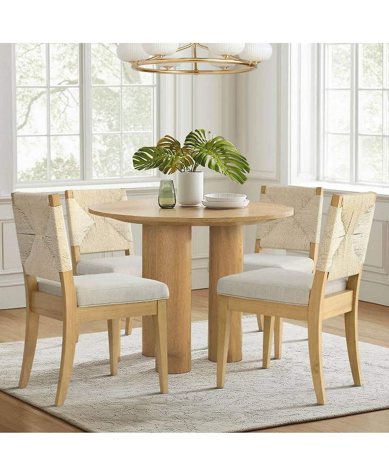 Maison Boucle Woven Rope Back Linen Upholstered Solid Wood Dining Chairs, Set of 2