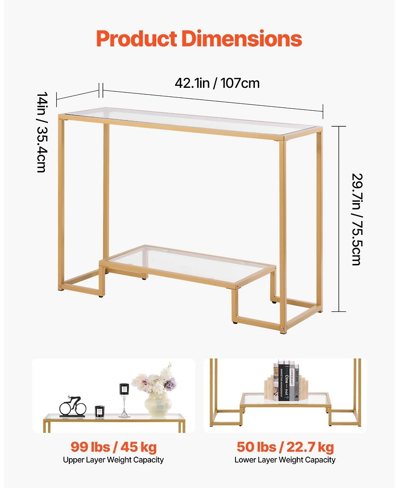 Gouun Tempered Glass 2-Tier Console Table with Metal Frame and Anti-Tip Device