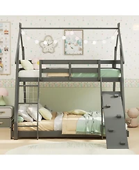 Sugift Twin Over Queen Wooden Bunk Bed with Climbing Net and Ramp