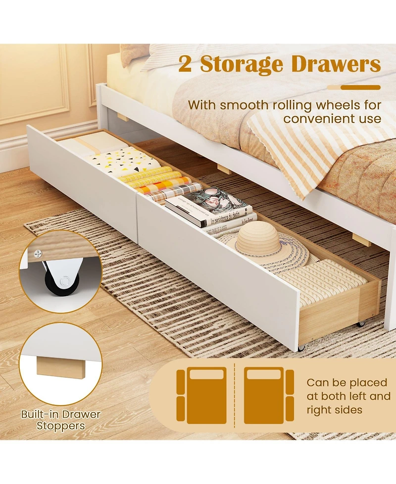 Sugift Full Size Wooden Bed Frame with 2 Rolling Storage Drawers