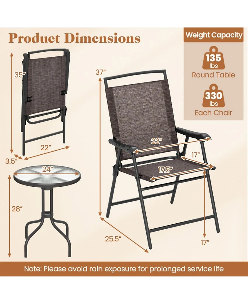 Gouun 3-Piece Folding Patio Bistro Set with Round Tempered Glass Table and 2 Chairs