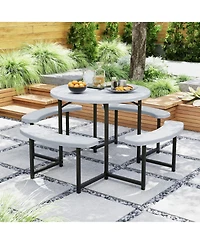 Gouun Round Hdpe Picnic Table with 4 Built-in Benches and Umbrella Hole for 4-8 People