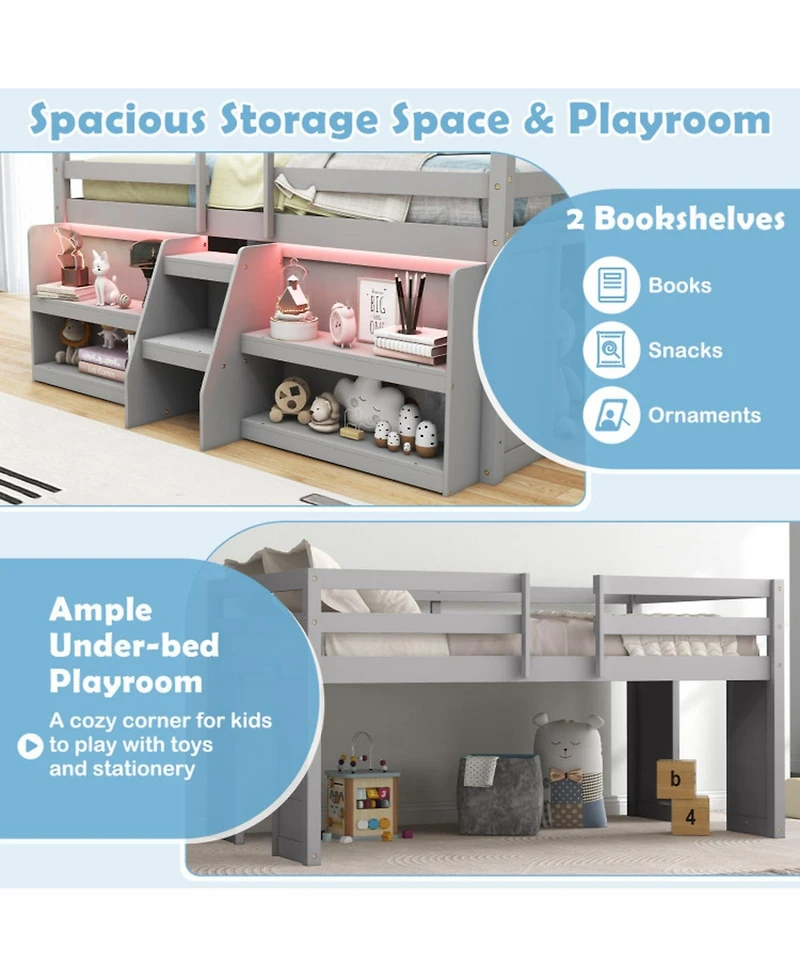 Gouun Led Twin Loft Bed with Staircase and Bookcase Storage