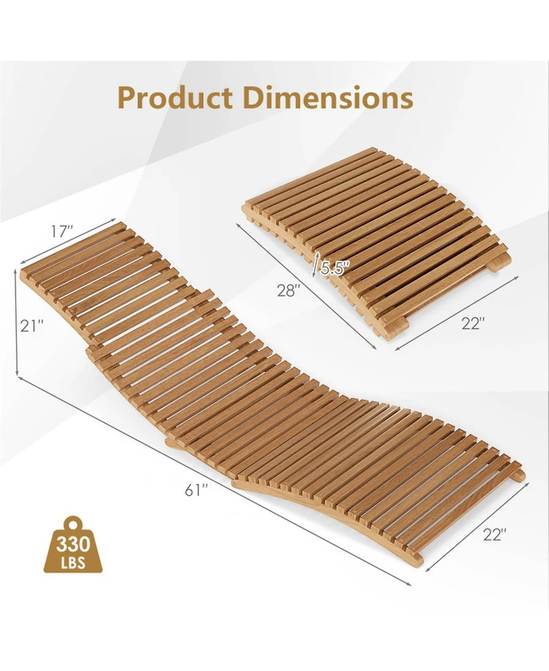 Gouun Teak Wood Folding Patio Chaise Lounge with Slatted Seat