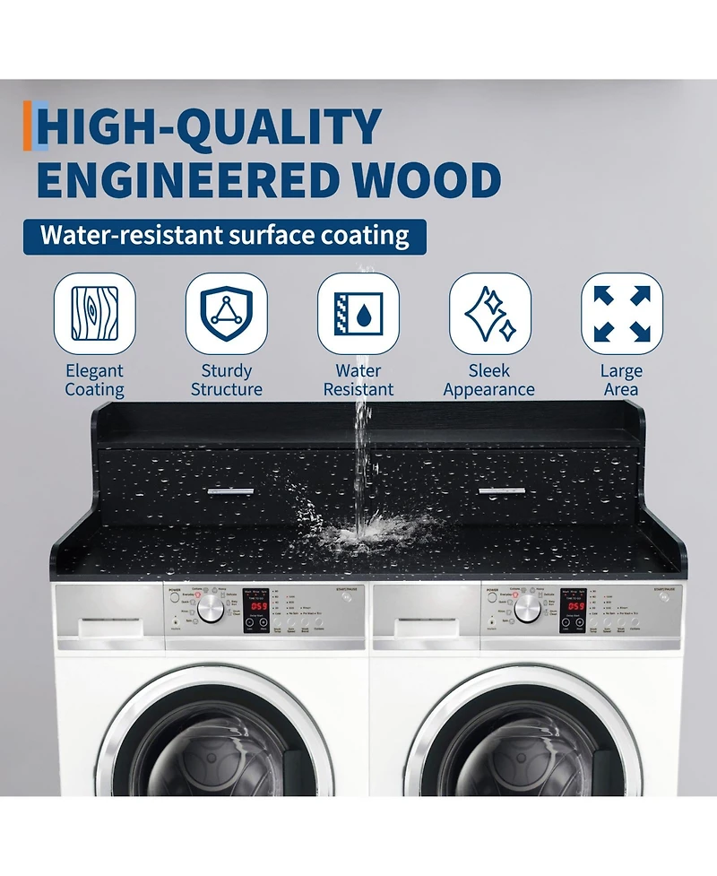 Homfan Space-Saving Laundry Countertop Shelf - 54'' Organizer Rack with 2 Storage Drawers, Edge Rails