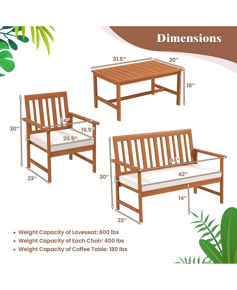 Costway Acacia Wood Furniture Set Coffee Table & 2 Armchairs with Seat Cushions