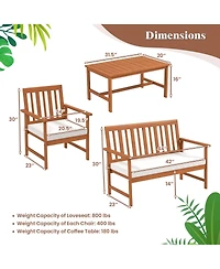 Costway Acacia Wood Furniture Set Coffee Table & 2 Armchairs with Seat Cushions