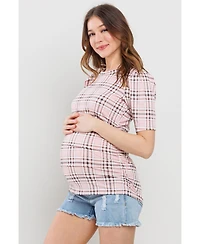Hello Miz Maternity Plaid Ruched Puff Sleeve Fitted Top