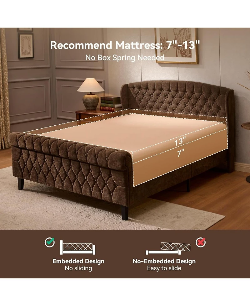 Sailvan Queen Sleigh Bed Frame, Chenille Wingback Headboard, Button Tufted Footboard, Wood Slat Support, No Box Spring, Noise-Free, Easy Assembly