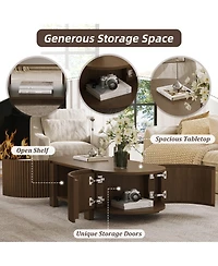 Rainsken Oval Coffee Table with Storage, Fluted Center Table with Shelves and 2 Open Doors, 47" Mid Century Modern Coffee Table for Living Room