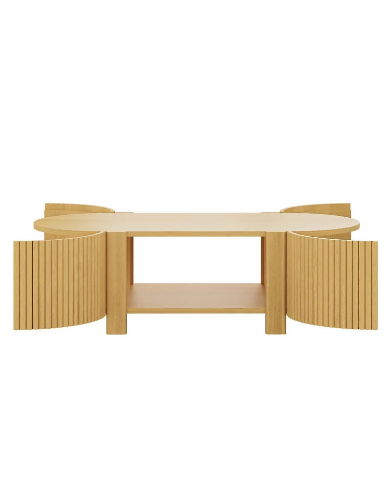 Rainsken 47" Fluted Oval Center Table, Mid Century Modern Coffee Table with Storage Shelves and 2 Open Doors for Home Living Room