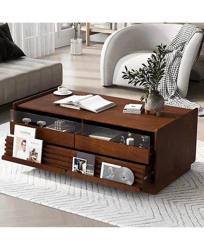 Rainsken 47.2 Inch Modern Wooden Rectangular Coffee Table, Fluted Center Table with 4 Drawers and 2 Open Display Shelves for Living Room