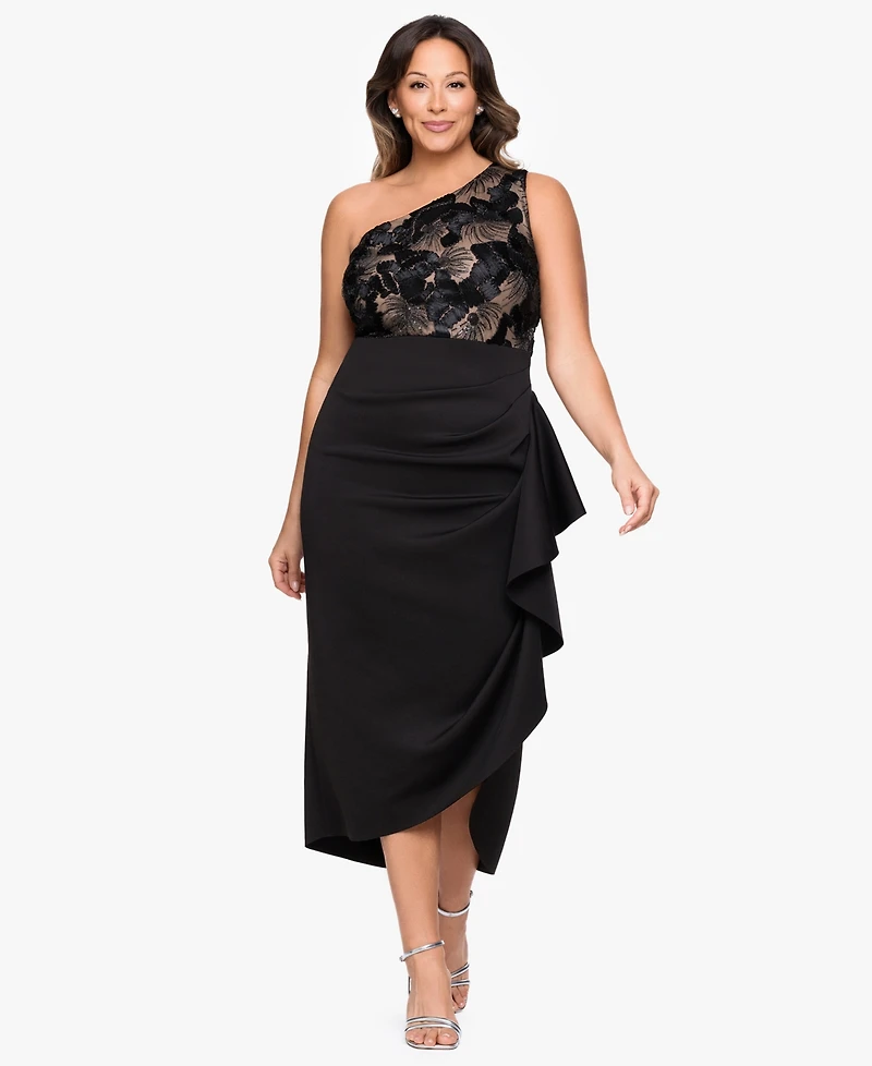Betsy & Adam Plus One-Shoulder Sequin Midi Dress