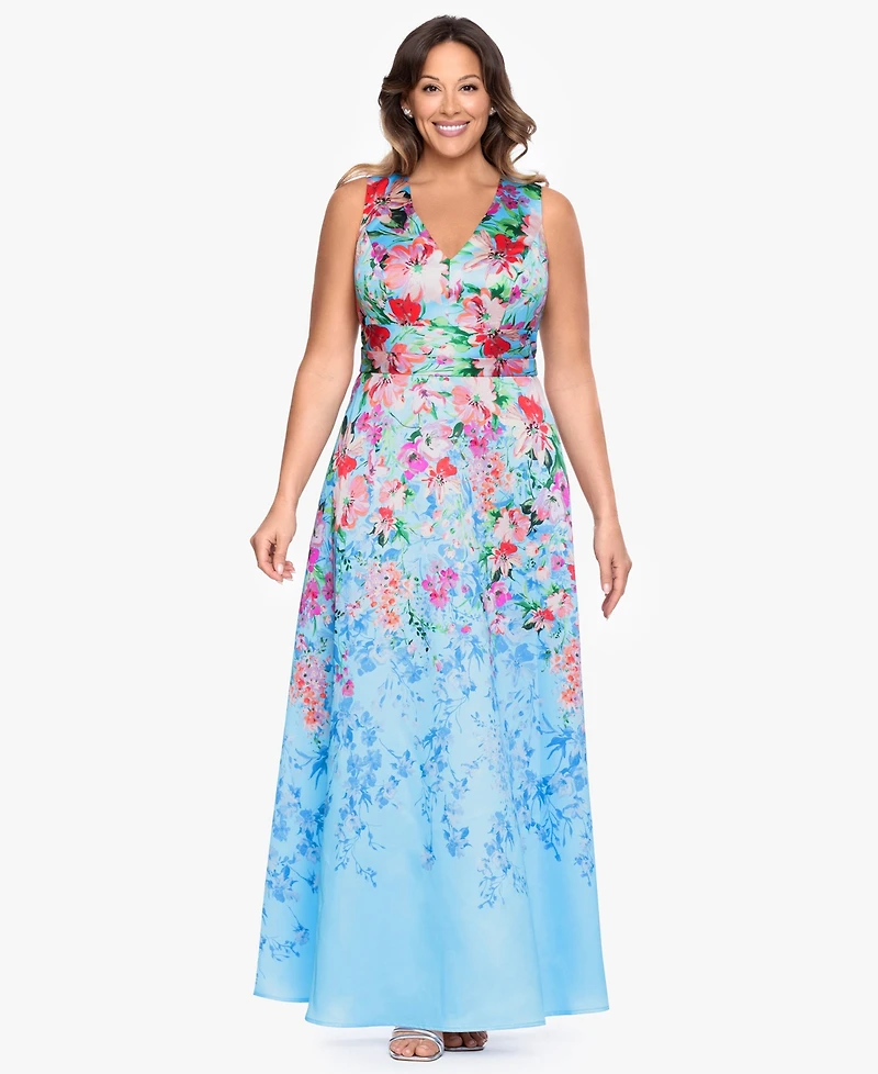 Betsy & Adam Plus Floral Print V-Neck Sleeveless Gown