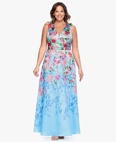 Betsy & Adam Plus Floral Print V-Neck Sleeveless Gown