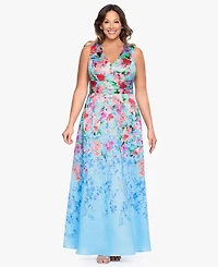 Betsy & Adam Plus Floral Print V-Neck Sleeveless Gown