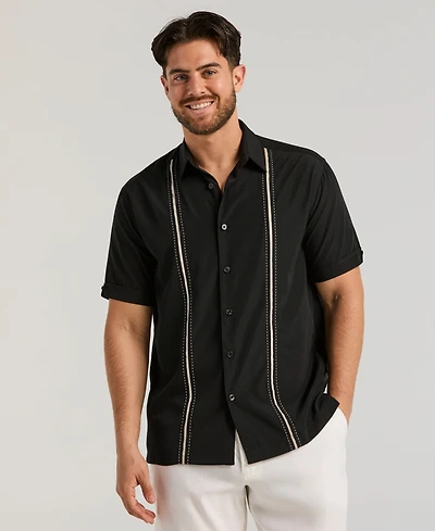 Cubavera Men's Pick Stitch Panel Short Sleeve Button-Down Shirt
