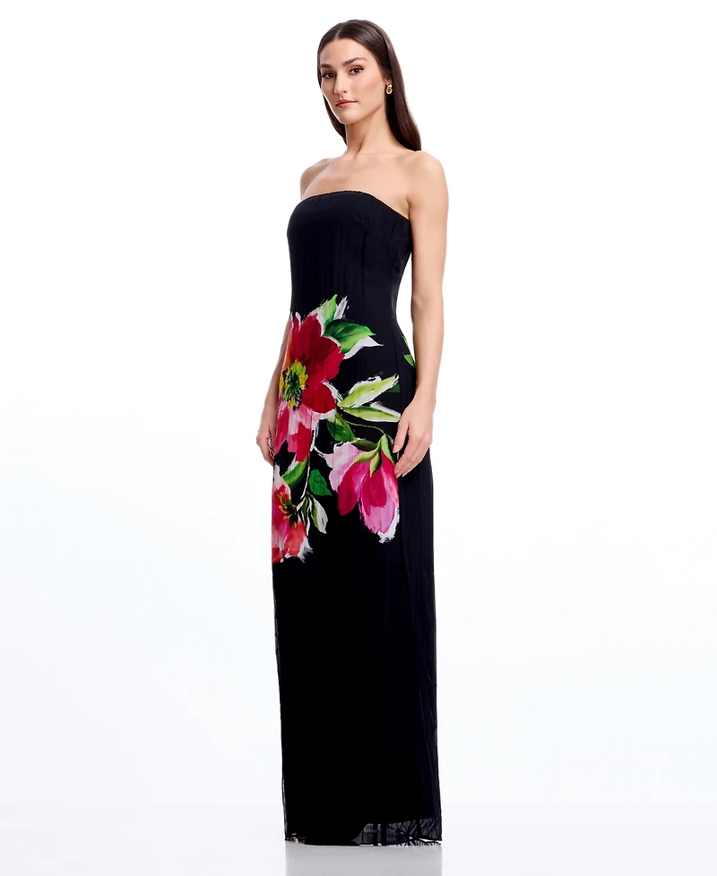 Dress the Population Women's Floral Print Strapless Long Gown