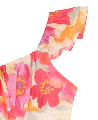 Rare Editions Girls' 7-16 Printed Floral Ruched Bust Flutter Strap Tie Back Dress